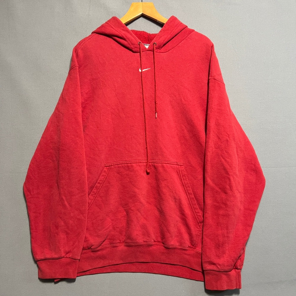 Vintage Nike Center Swoosh Hoodie Red 90s Boxy Fit Pullover Sweatshirt Mens L